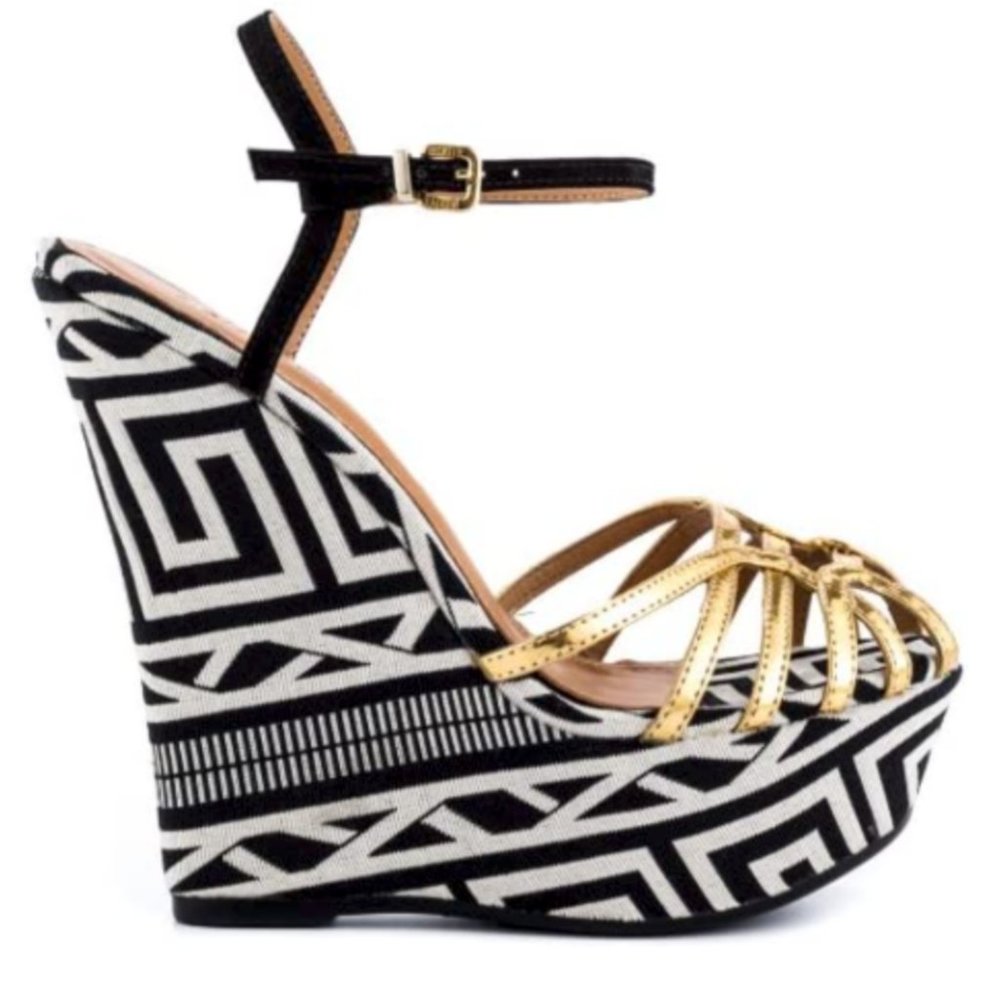 Schultz Gil Black, White & Gold Platform Wedge Sandals